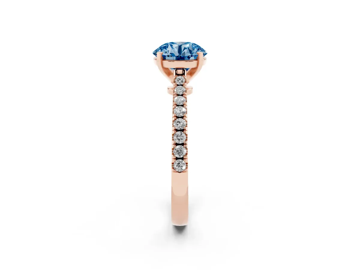 Fancy Blue Round Cut Cut Solitaire Diamond Engagement Ring with Pave Band and Four-Prong Setting Rose gold