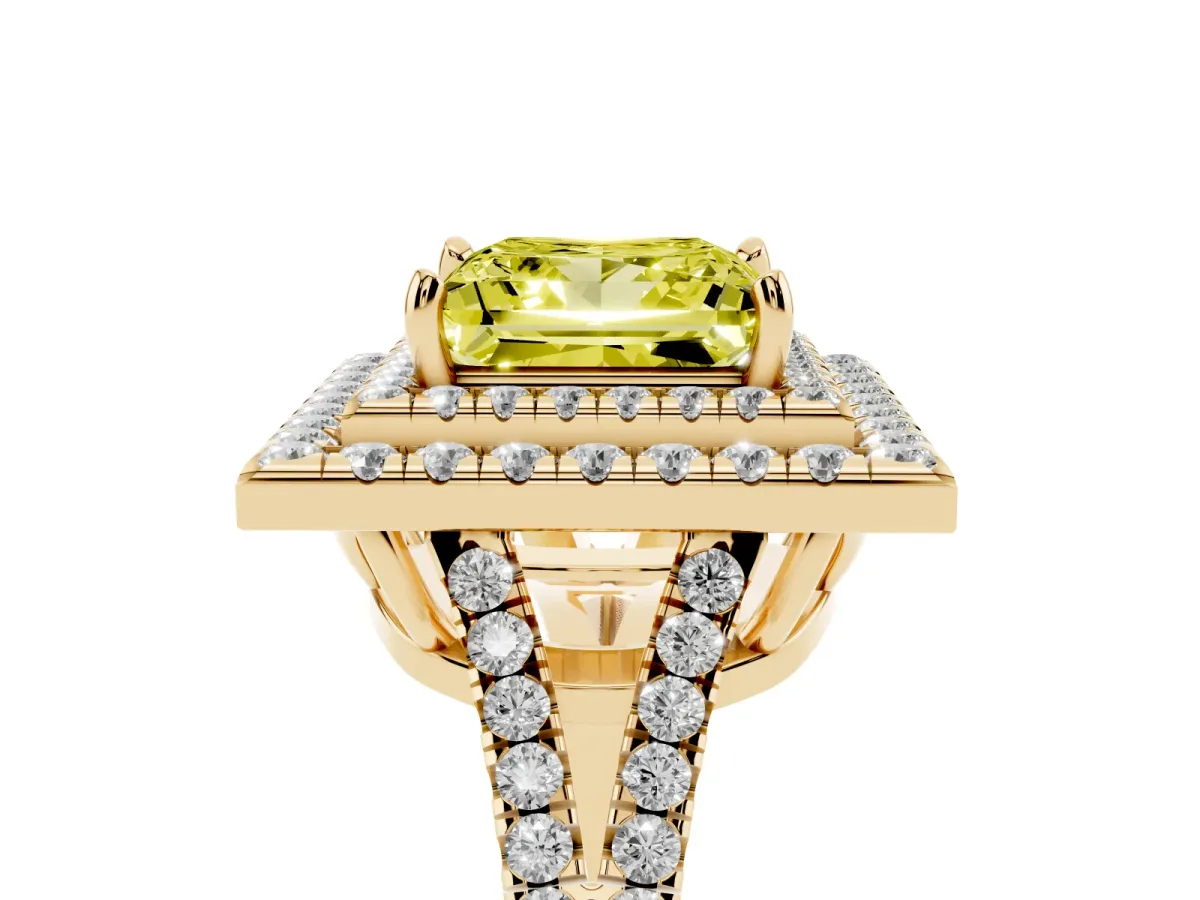 Fancy Yellow Princess Cut Diamond Double Halo Ring with Pavé Band and Prong Setting Yellow gold