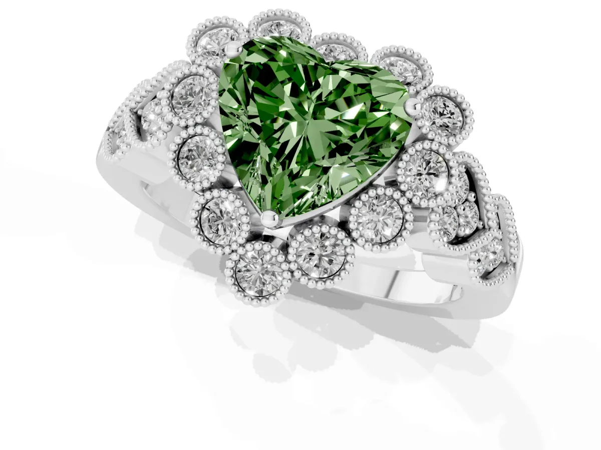 Fancy Green Heart Cut Brilliant Milgrain Pave Heart Band Solitaire Ring Platinum