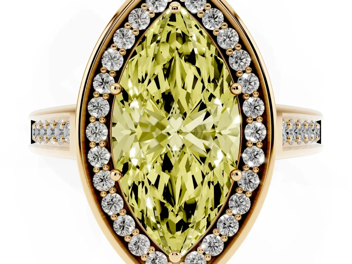 Fancy Yellow Marquise Cut Halo Solitaire Diamond Ring with Pave Band and Bezel Setting Yellow gold