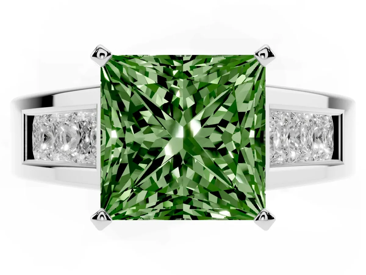 Fancy Green Princess Cut Cut Channel Set Solitaire Ring with Four-Prong Setting Platinum