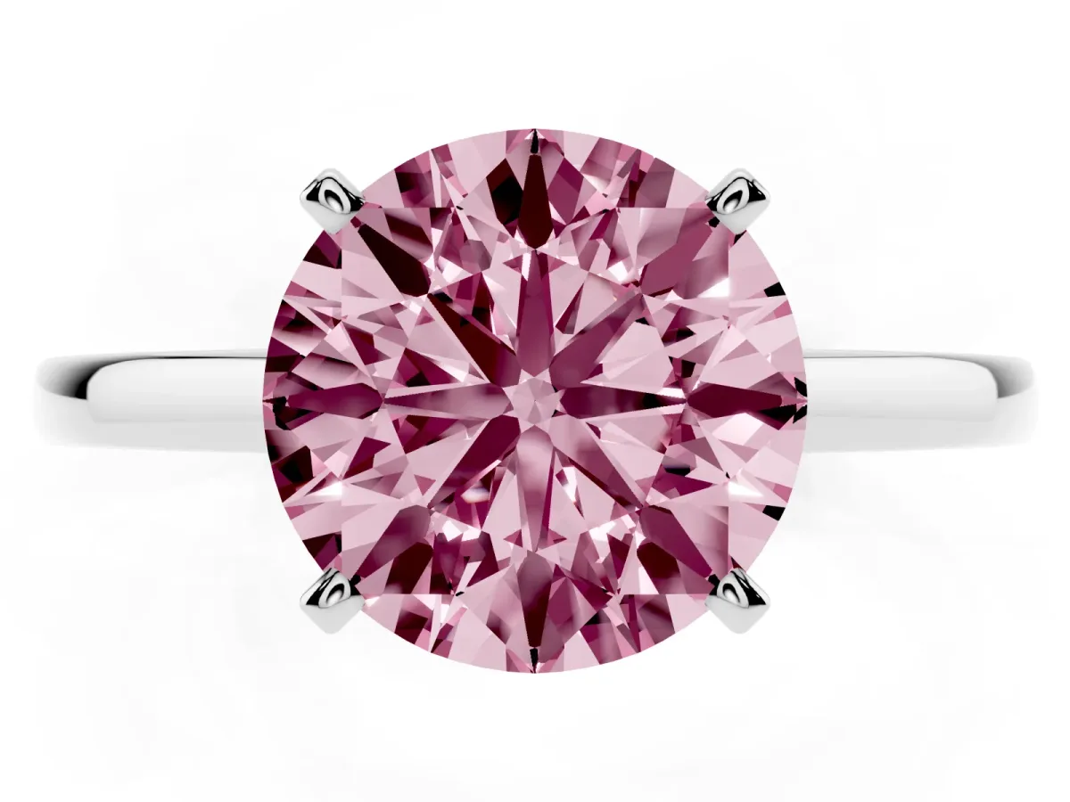 Fancy Pink Round Cut Solitaire Diamond Engagement Ring with Four-Prong Setting on a Classic Band Platinum