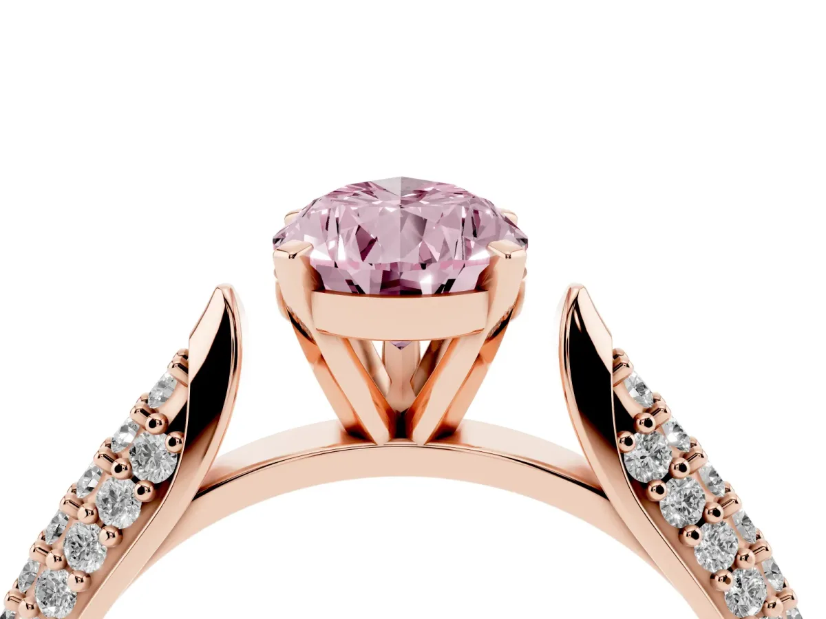 Fancy Pink Pear Cut Diamond Solitaire Engagement Ring with Multi-Row Round Pavé Band and Prong Setting Rose gold