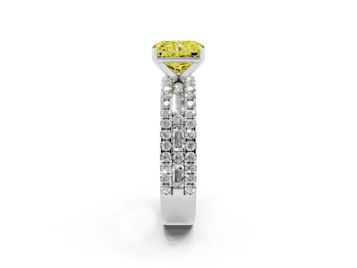 Fancy Yellow Radiant Cut Diamond Solitaire Ring with Pavé and Channel Set Band Platinum