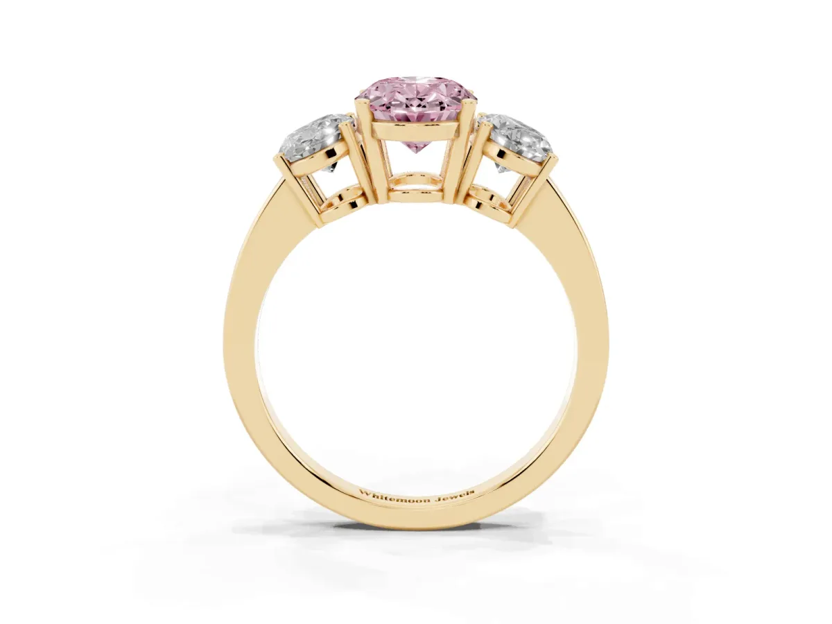 Fancy Pink Three-Stone Oval Cut Cut Diamond Engagement Ring with Flat Band and Four-Prong Setting Yellow gold