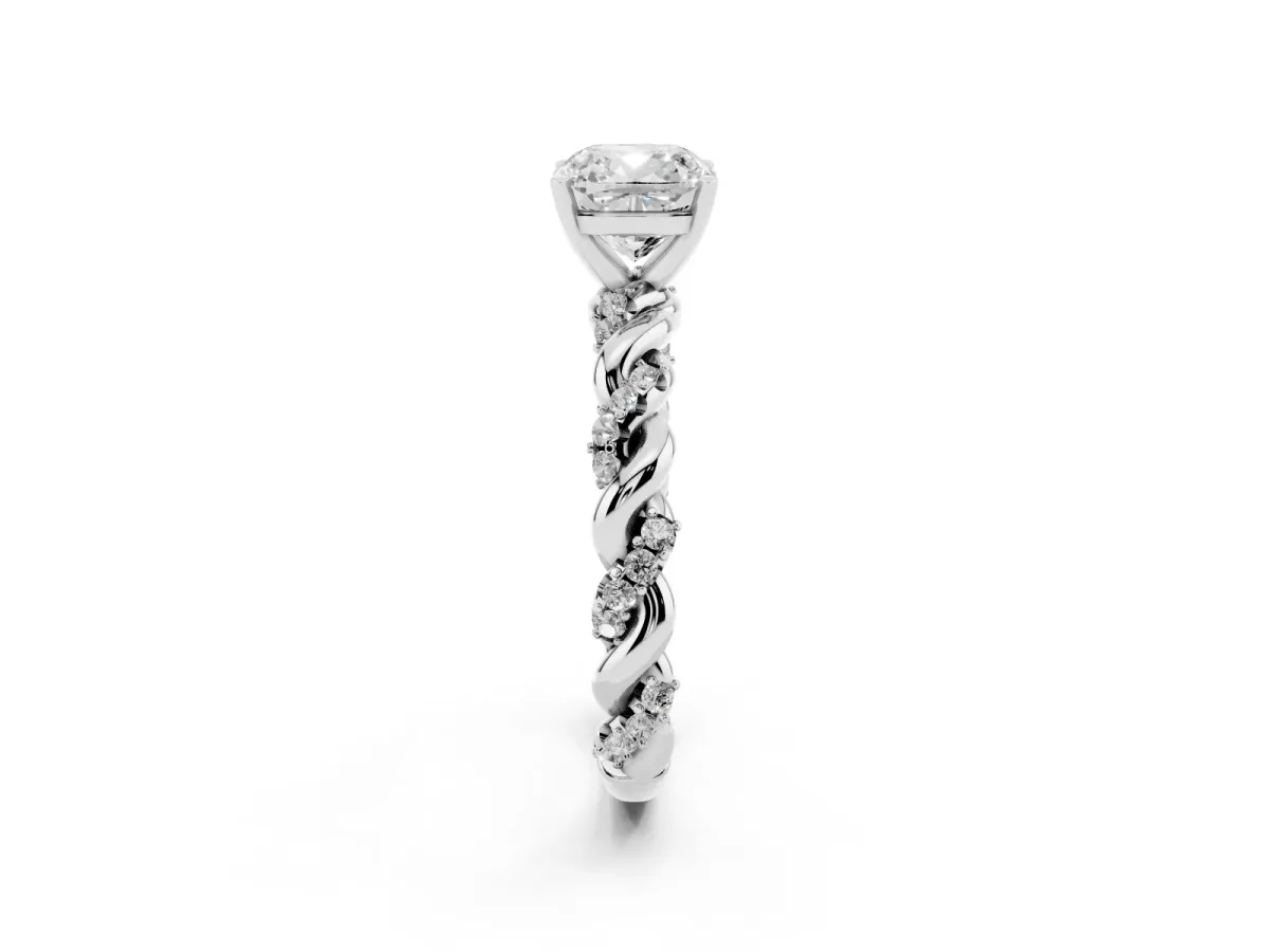 Cushion Cut Diamond Solitaire Ring with Twisted Band and Pavé Accents Platinum