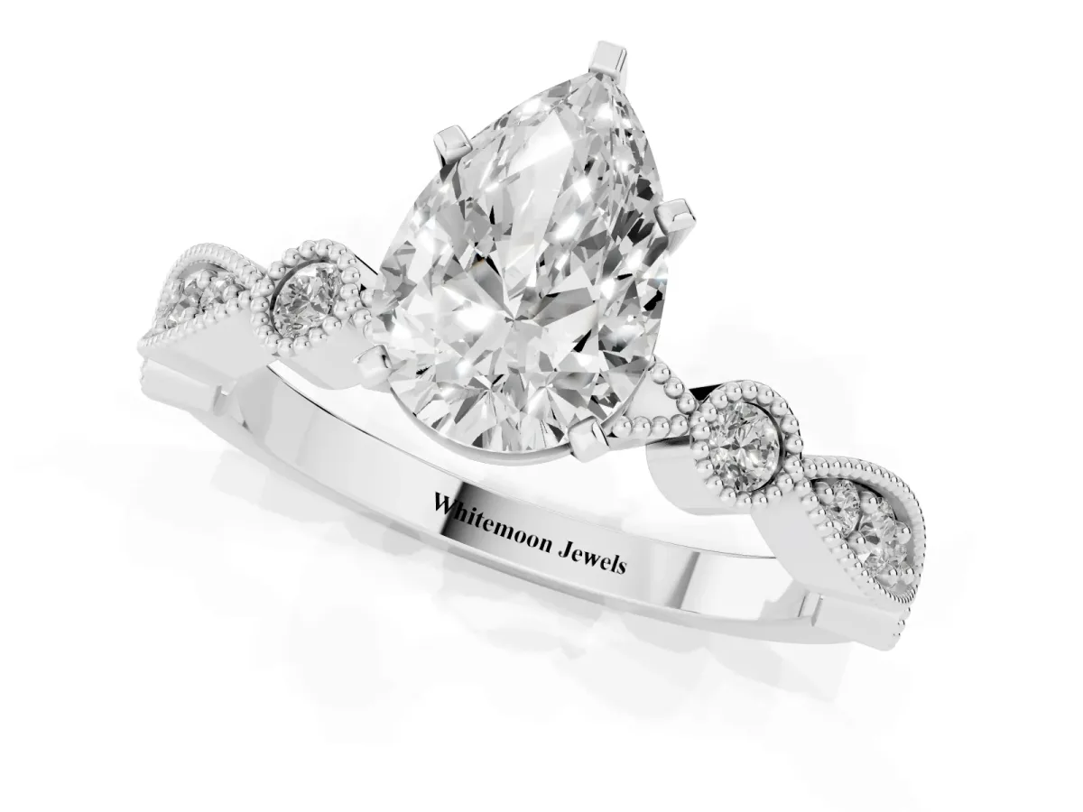 Pear Cut Milgrain Bezel Diamond Engagement Ring with Solitaire Prong Setting Silver