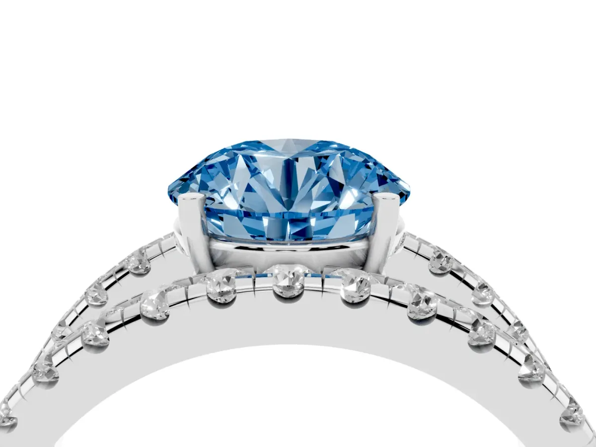 Fancy Blue Round Cut Solitaire Split Shank Pave Diamond Ring Platinum