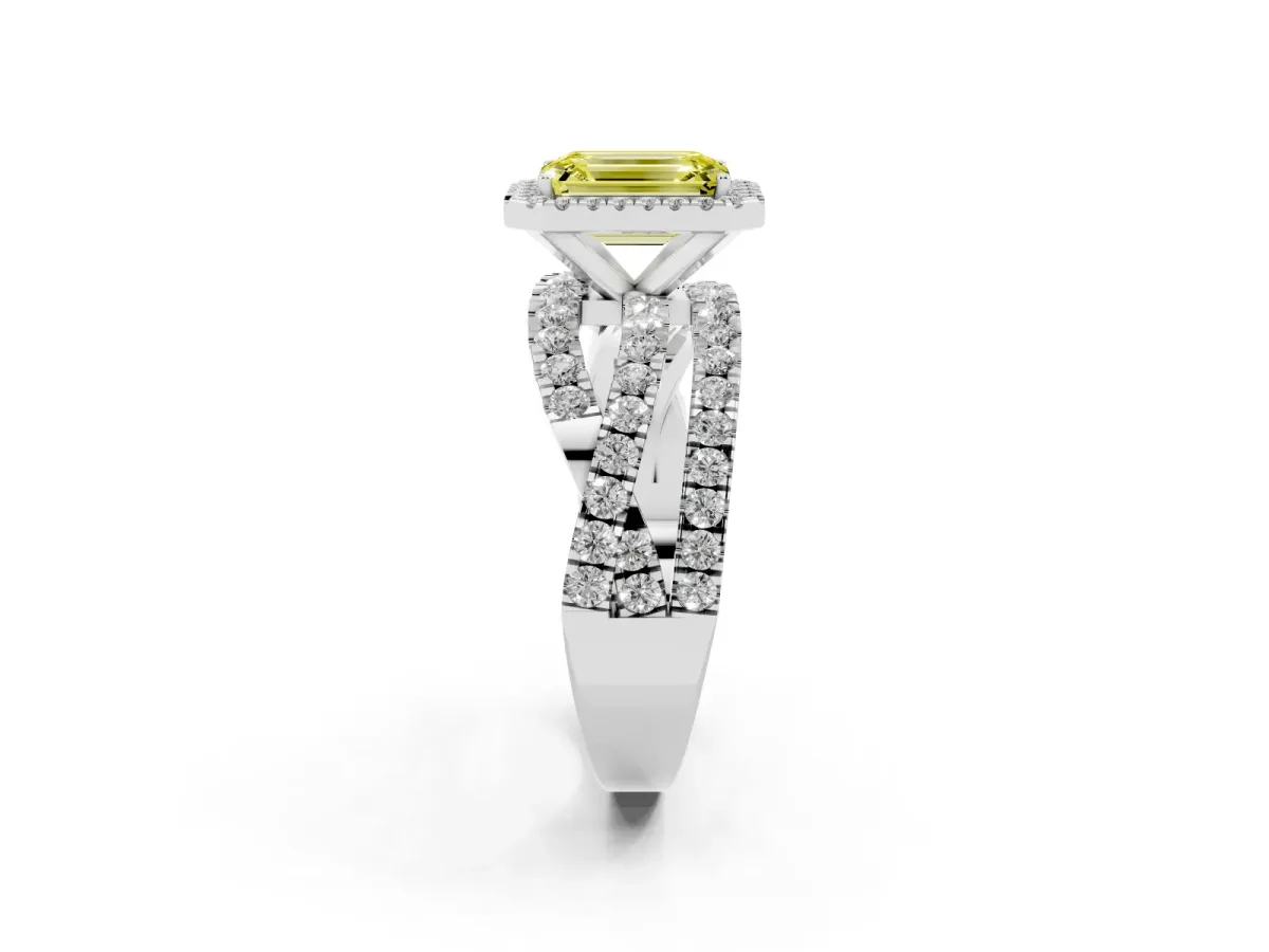 Fancy Yellow Emerald Cut Diamond Halo Ring with Round Split Shank and Prong Setting White gold