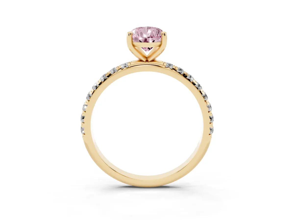 Fancy Pink Pear Cut Cut Diamond Solitaire Ring with Micro Pave Band and Four Prong Setting Yellow gold