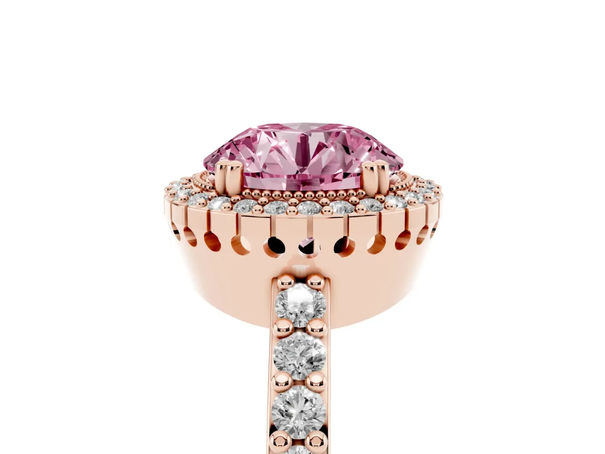 Fancy Pink Round Cut Cut Diamond Halo Engagement Ring with Milgrain Detail and Pavé Band Rose gold