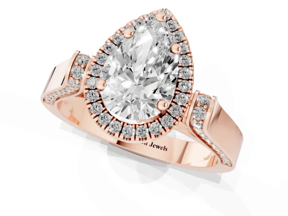 Pear Cut Halo Pave Split Shank Prong Setting Ring Rose gold