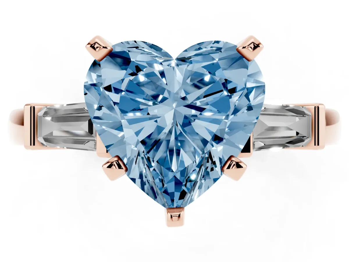 Fancy Blue Heart Cut Cut Diamond Solitaire Ring with Tapered Baguette Accents and Four-Prong Setting Rose gold