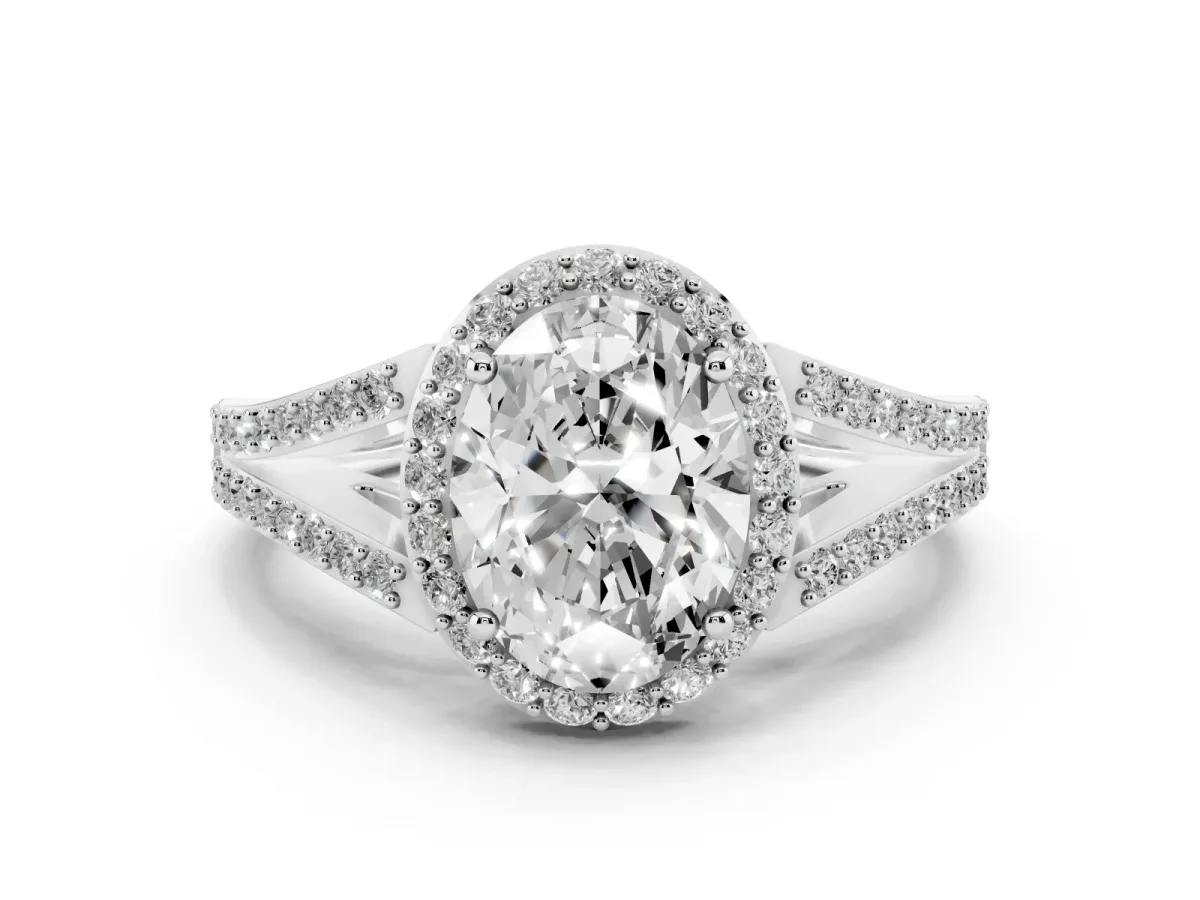 Oval Cut Halo Split Shank Pave Diamond Ring with Four-Prong Setting Silver