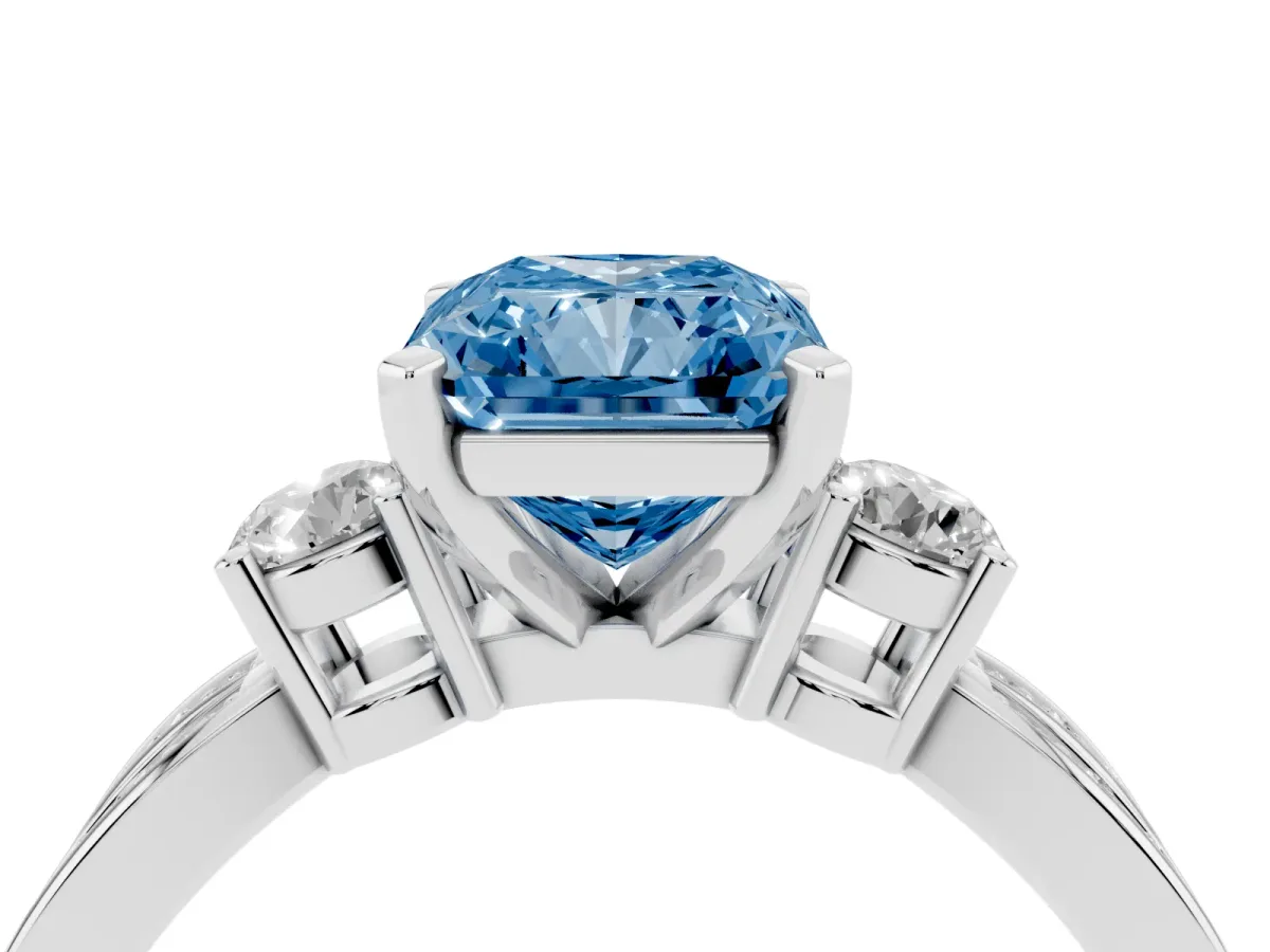 Fancy Blue Three-Stone Radiant Cut Cut Diamond Twist Band with Prong Setting Platinum
