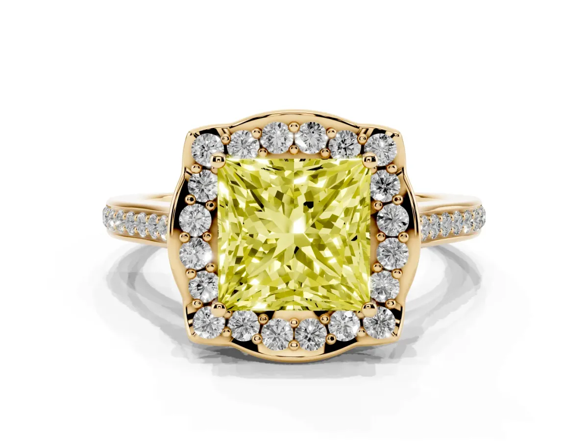 Fancy Yellow Princess Cut Halo Round Diamond Pave Band with Four-Prong Setting Yellow gold