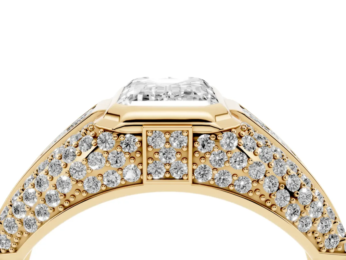 Emerald Cut Diamond Mens Ring with Side Stones Yellow gold