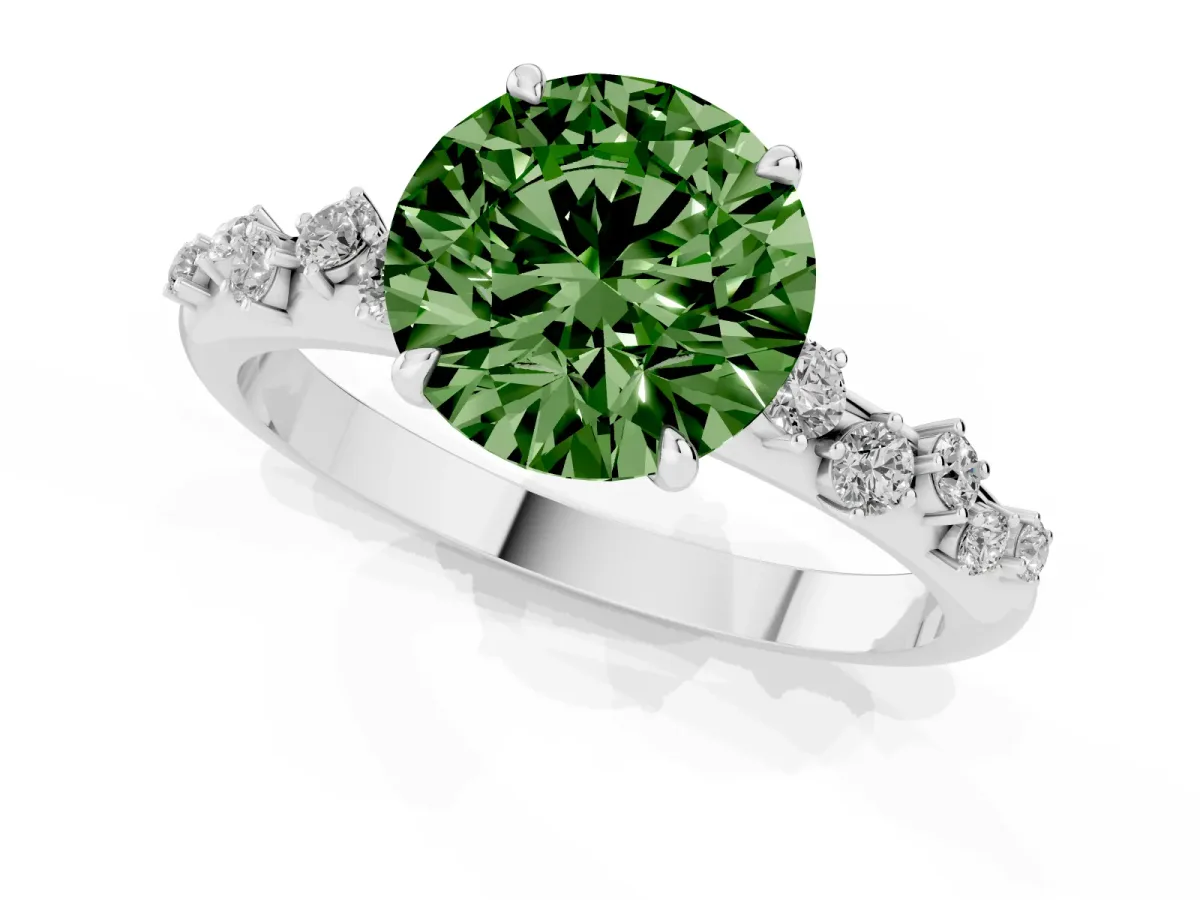 Fancy Green Round Cut Diamond Cluster Prong-Set Solitaire Ring Platinum