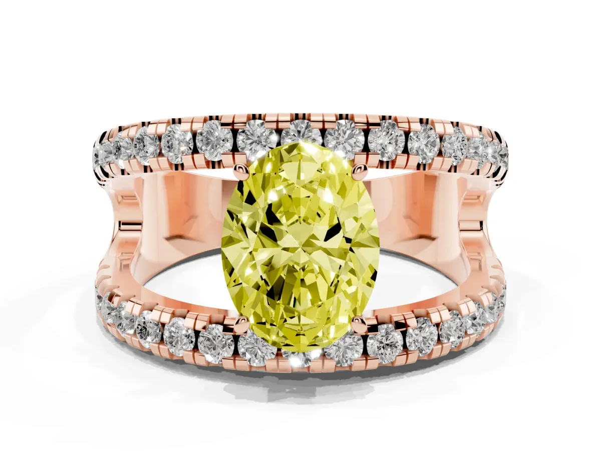 Fancy Yellow Oval Cut Solitaire Split Shank Pave Diamond Ring Rose gold