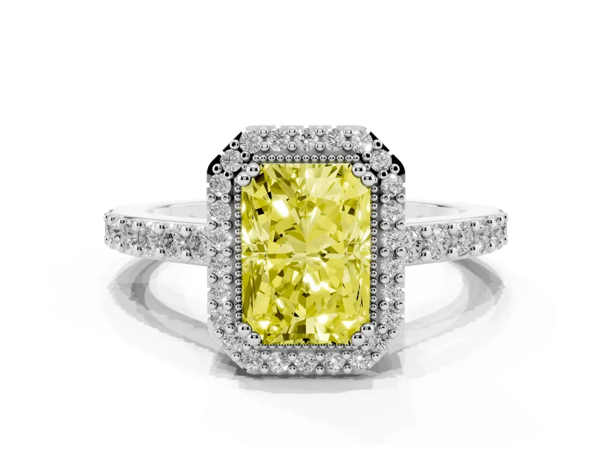 Fancy Yellow Radiant Cut Cut Diamond Halo Engagement Ring with Milgrain Detail and Pavé Band Silver