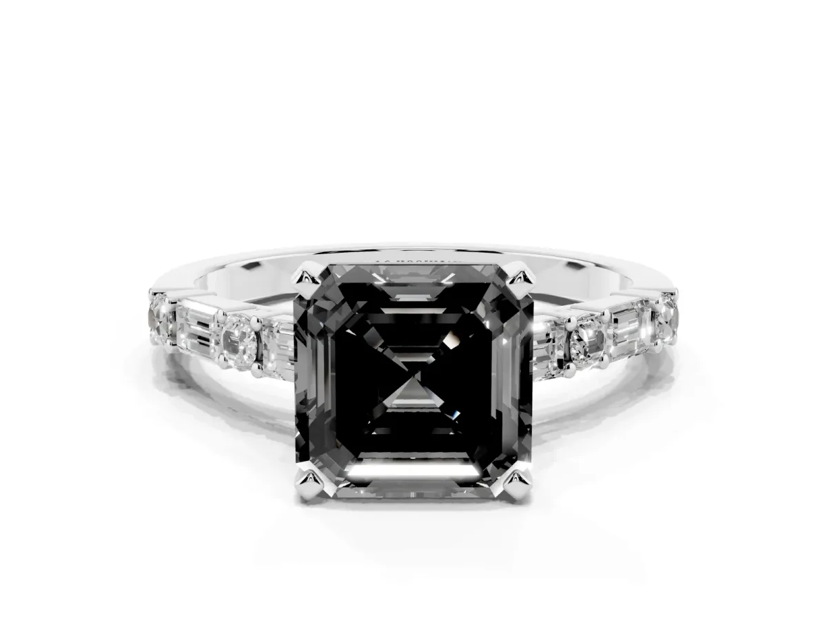 Fancy Black Asscher Cut Diamond Solitaire with Side Baguettes and Channel Set Band Silver