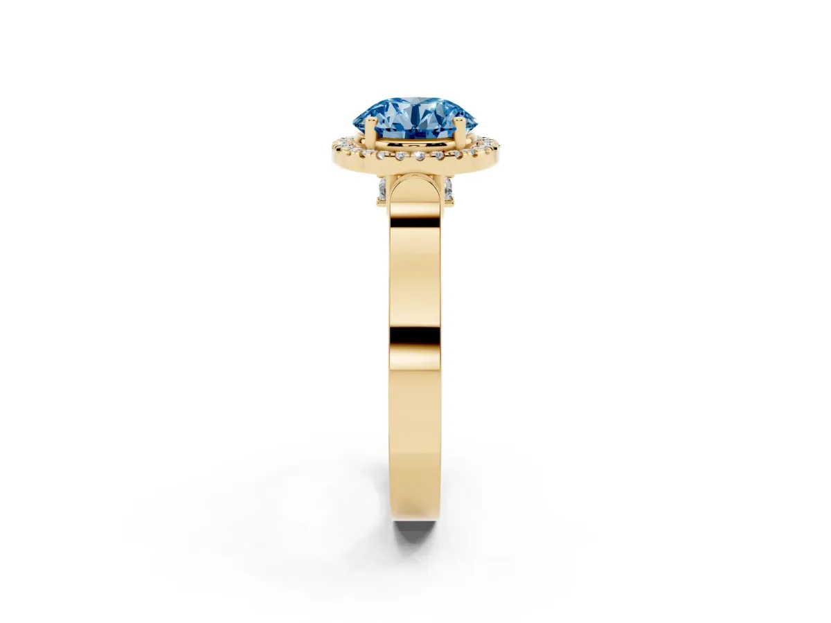 Fancy Blue Round Cut Halo Pave Split Shank Prong Setting Ring Yellow gold