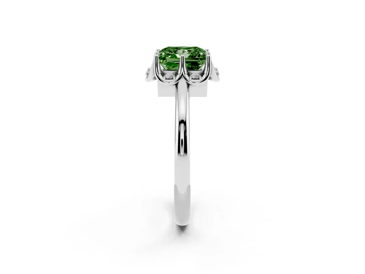 Fancy Green Princess Cut Halo Diamond Ring with Round Cluster Setting, Solitaire Band, and Four-Prong Setting White gold