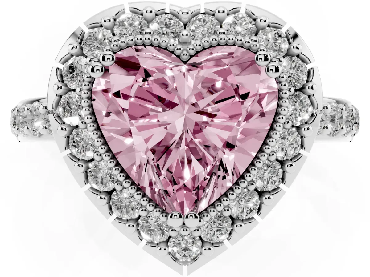 Fancy Pink Heart Cut Diamond Halo Ring with Pavé Band and Prong Setting White gold