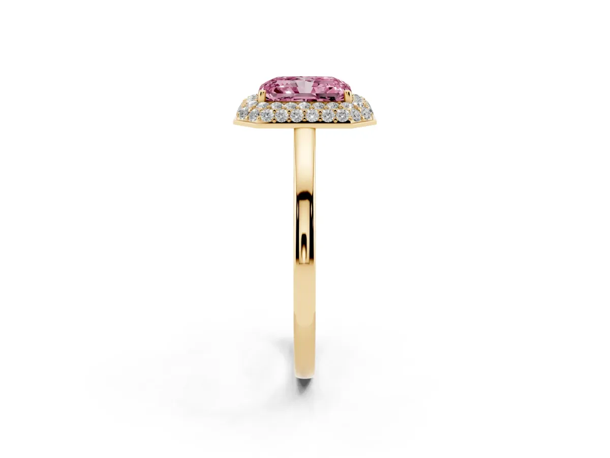 Fancy Pink Radiant Cut Halo Diamond Engagement Ring with Solitaire Band and Four-Prong Setting Yellow gold