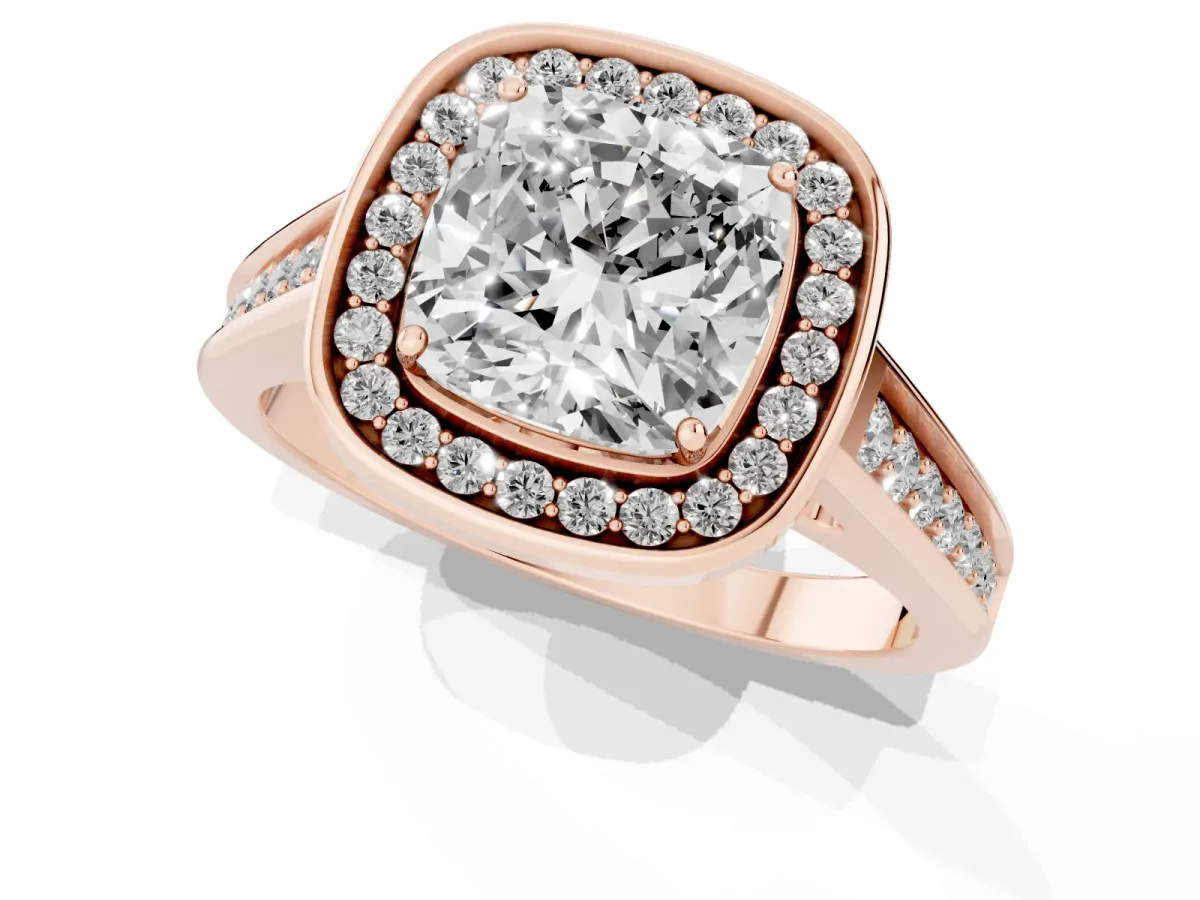Cushion Cut Halo Solitaire Diamond Ring with Pave Band and Bezel Setting Rose gold