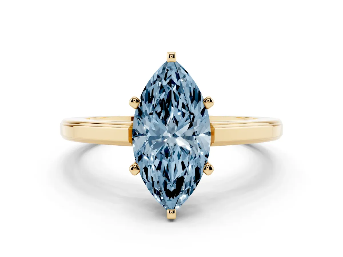 Fancy Blue Marquise Cut Solitaire Diamond Ring with Four-Prong Setting and Classic Band Yellow gold