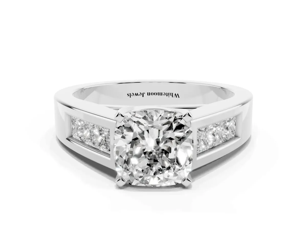 Cushion Cut Cut Channel Set Solitaire Ring with Four-Prong Setting Platinum