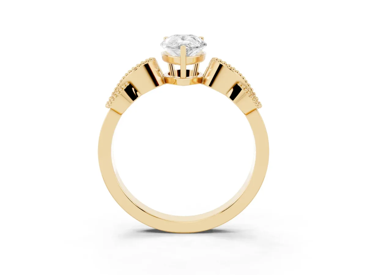 Pear Cut Solitaire Milgrain Leaf Band with Prong Setting Yellow gold