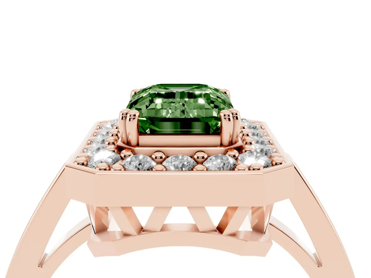 Fancy Green Emerald Cut Diamond Halo Ring with Split Shank and Four-Prong Setting Rose gold