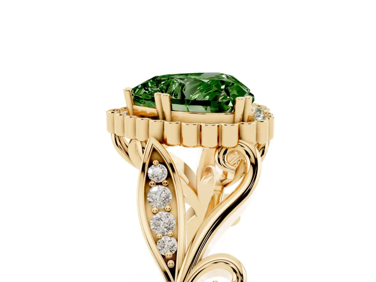 Fancy Green Heart Cut Diamond Halo Ring with Vintage Split Shank and Four-Prong Setting Yellow gold