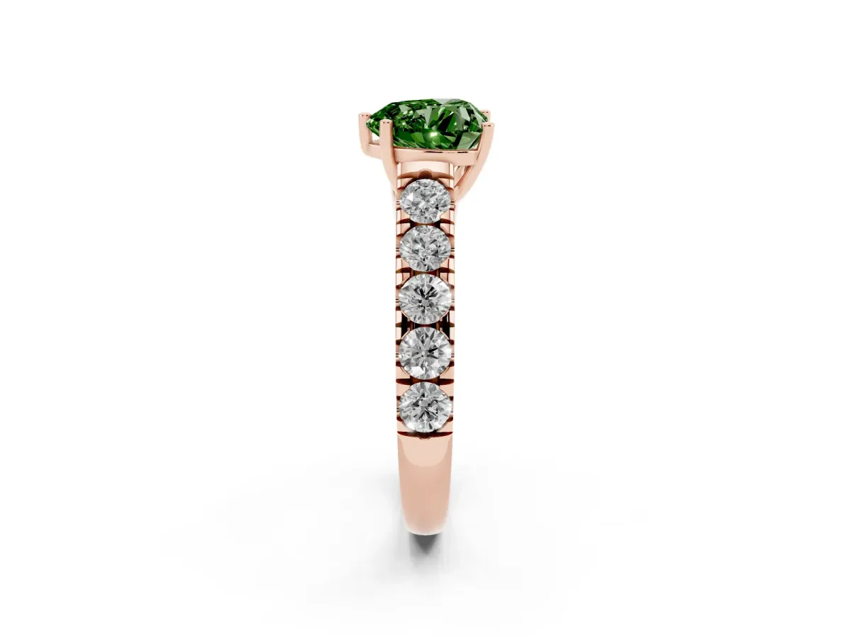 Fancy Green Heart Cut Cut Diamond Solitaire Ring with Micro Pave Band and Prong Setting Rose gold