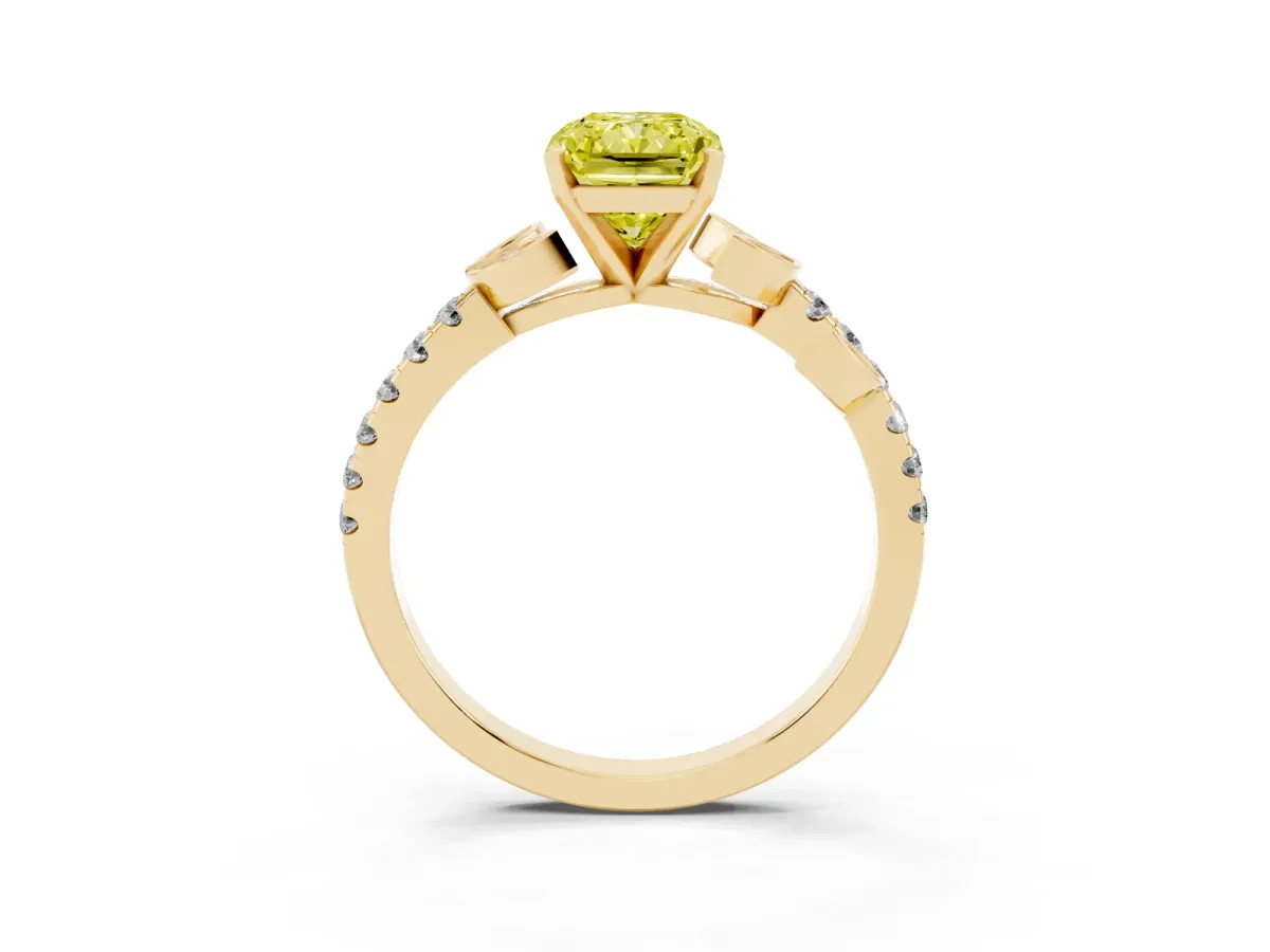 Fancy Yellow Radiant Cut Solitaire Leaf-Inspired Diamond Ring with Pavé Band and Four-Prong Setting Yellow gold