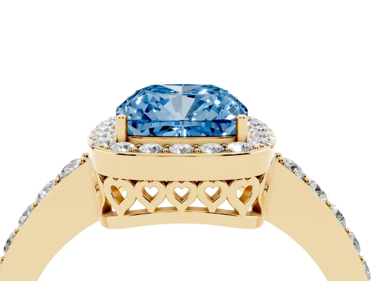 Fancy Blue Cushion Cut Halo Diamond Pavé Band Ring with Prong Setting Yellow gold