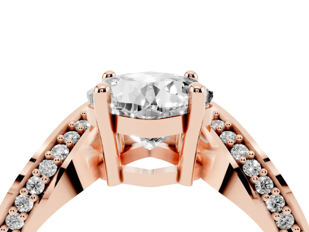 Cushion Cut Solitaire Diamond Engagement Ring with Pave Band and Four-Prong Setting Rose gold