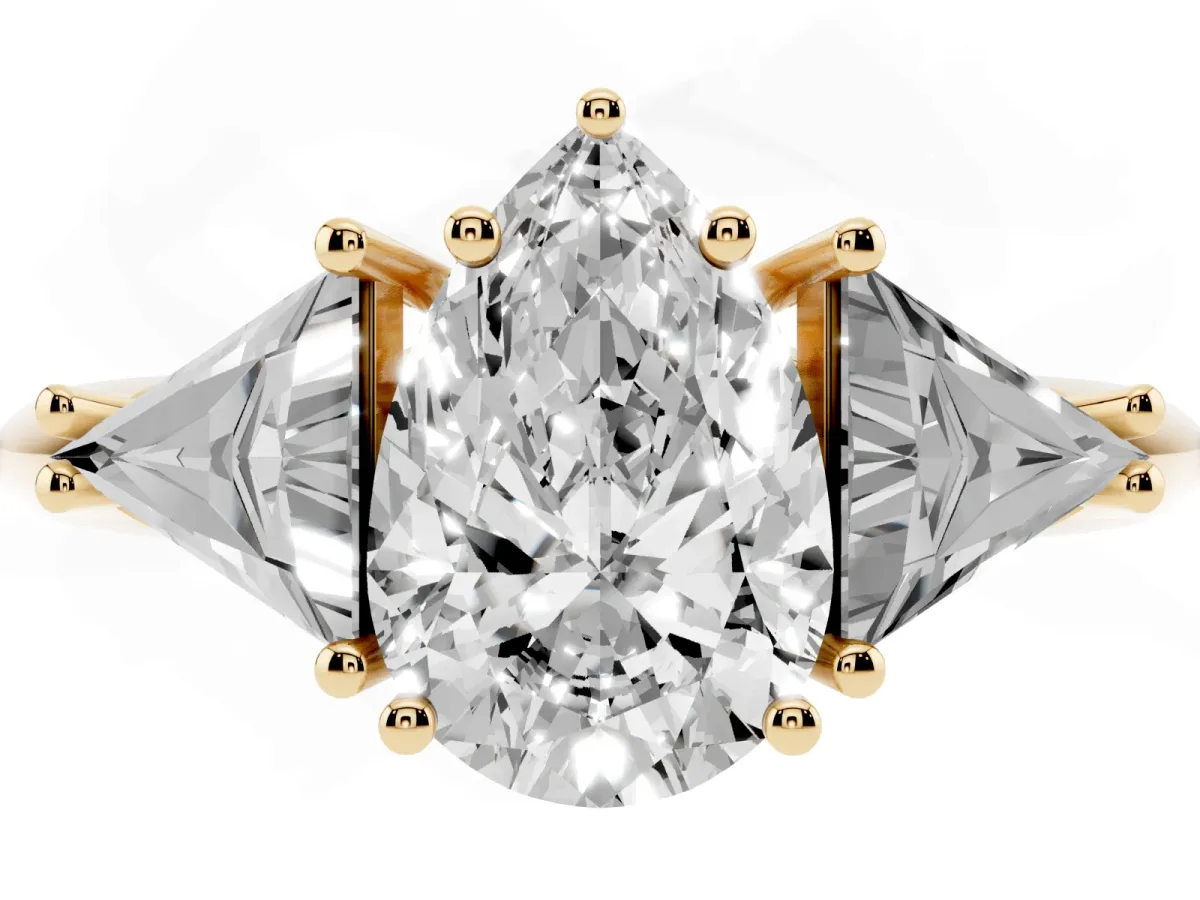 Three-Stone Pear Cut Diamond Engagement Ring with Trillion Side Stones and Prong Setting Yellow gold