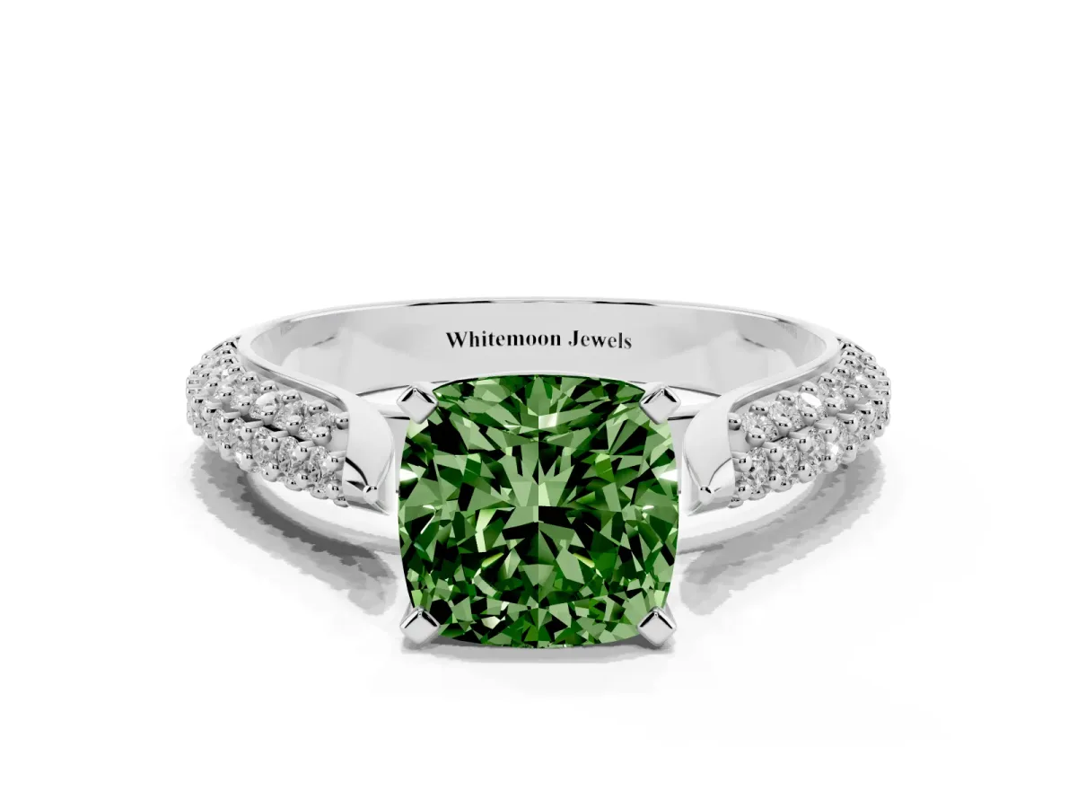 Fancy Green Cushion Cut Diamond Solitaire Engagement Ring with Multi-Row Round Pavé Band and Prong Setting Platinum