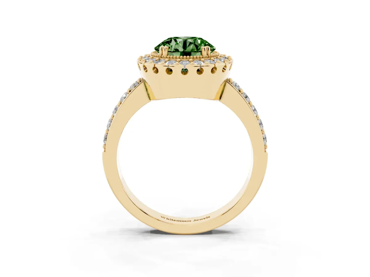 Fancy Green Round Cut Diamond Halo Ring with Pavé Band and Prong Setting Yellow gold