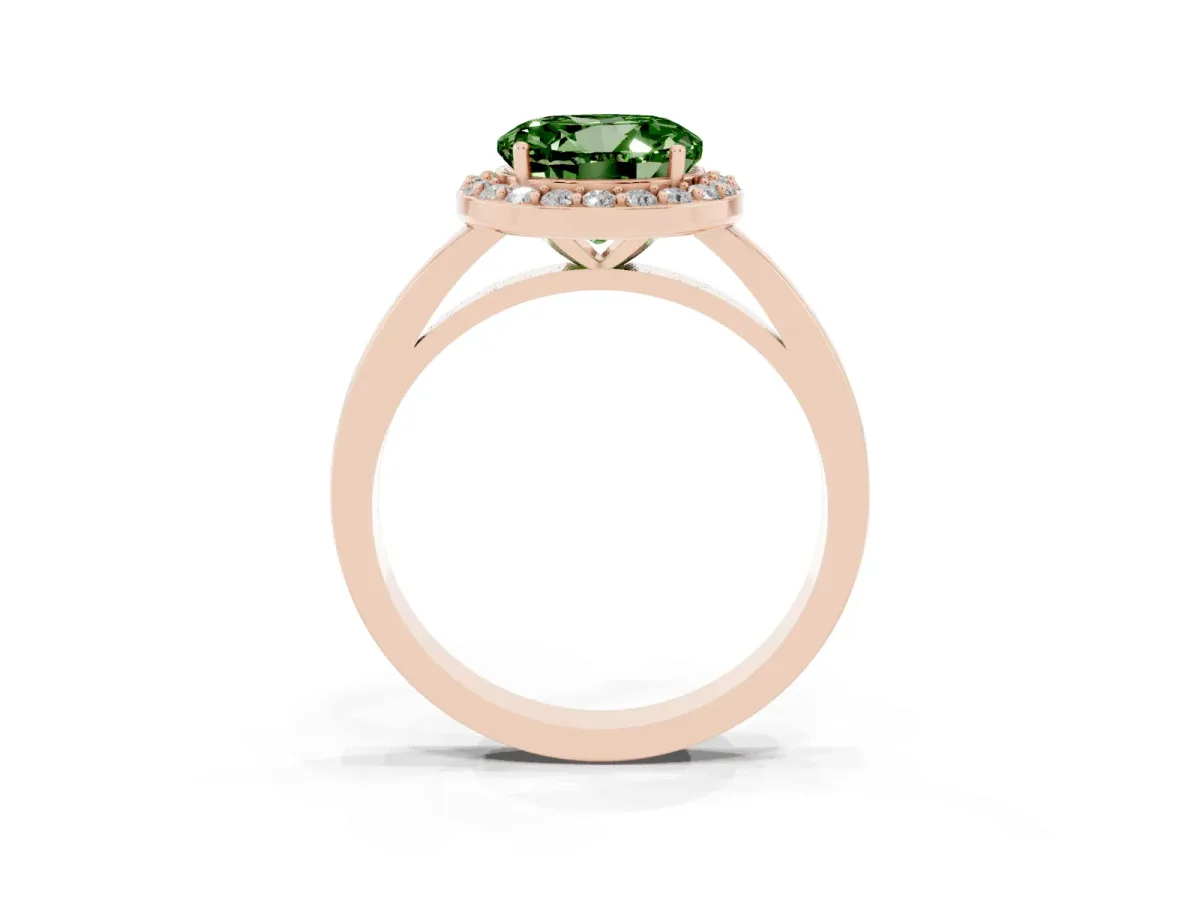 Fancy Green Round Cut Halo Diamond Ring with Solitaire Band and Prong Setting Rose gold