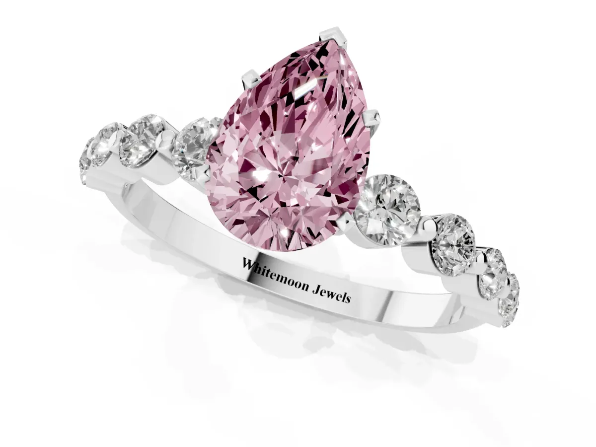 Fancy Pink Pear Cut Solitaire Diamond Ring with Pave Band and Four-Prong Setting Silver