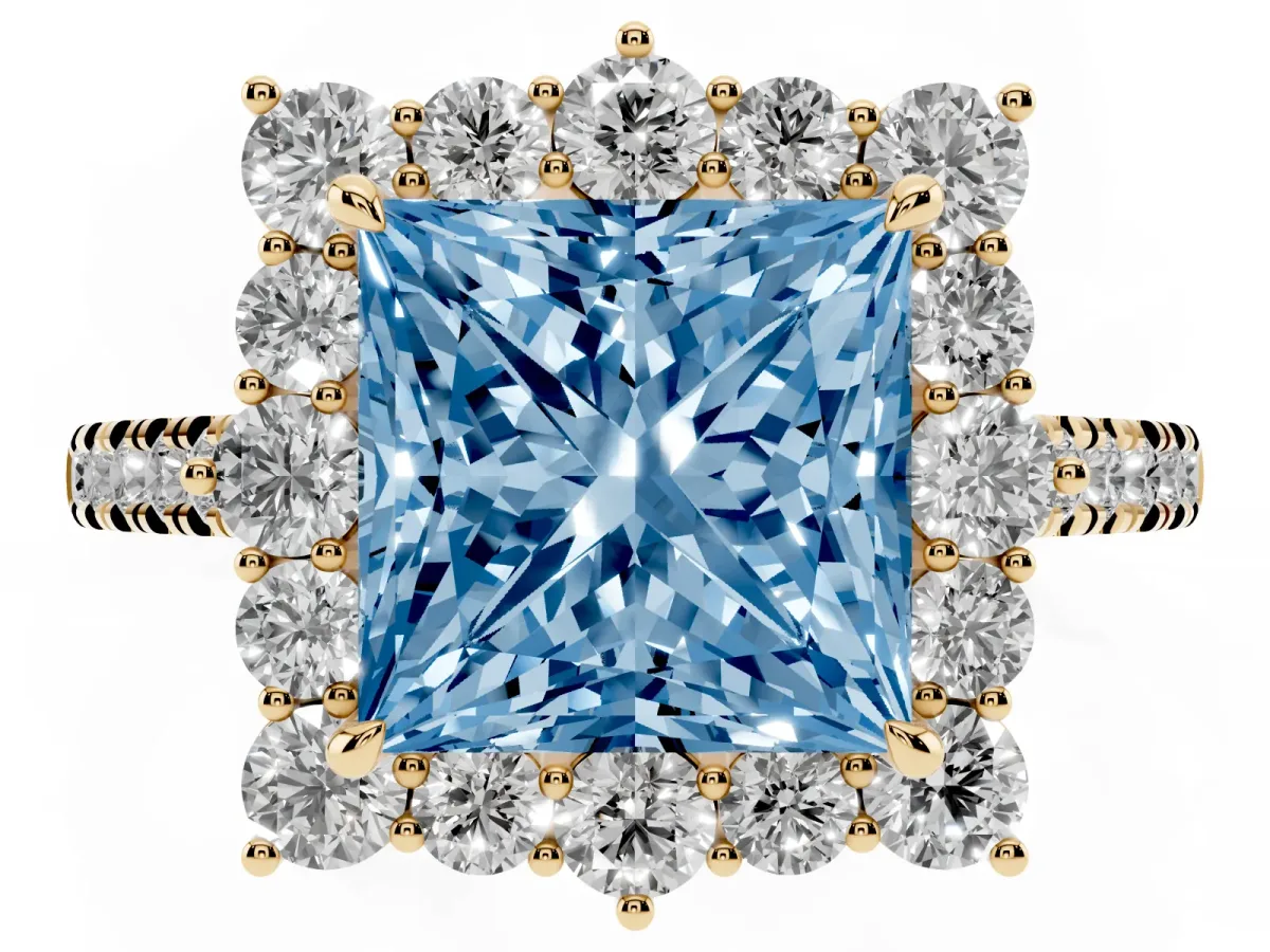 Fancy Blue Princess Cut Halo Diamond Ring with Pavé Band and Prong Setting Yellow gold