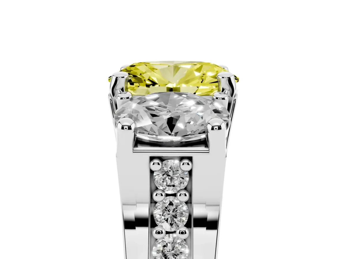 Fancy Yellow Oval Cut Diamond Three-Stone Ring with Channel Set Band and Four-Prong Setting Silver