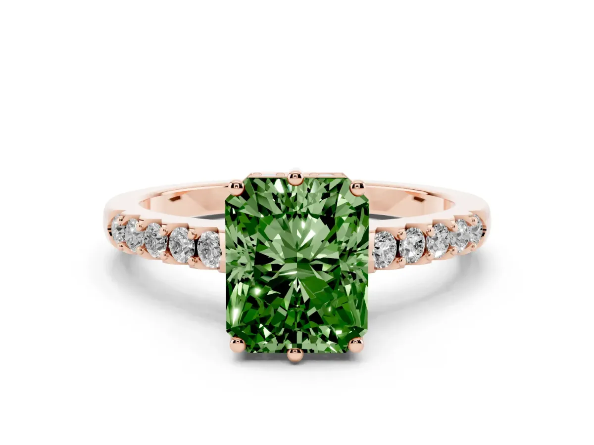 Fancy Green Radiant Cut Solitaire Diamond Engagement Ring with Pavé Band and Six-Prong Setting Rose gold