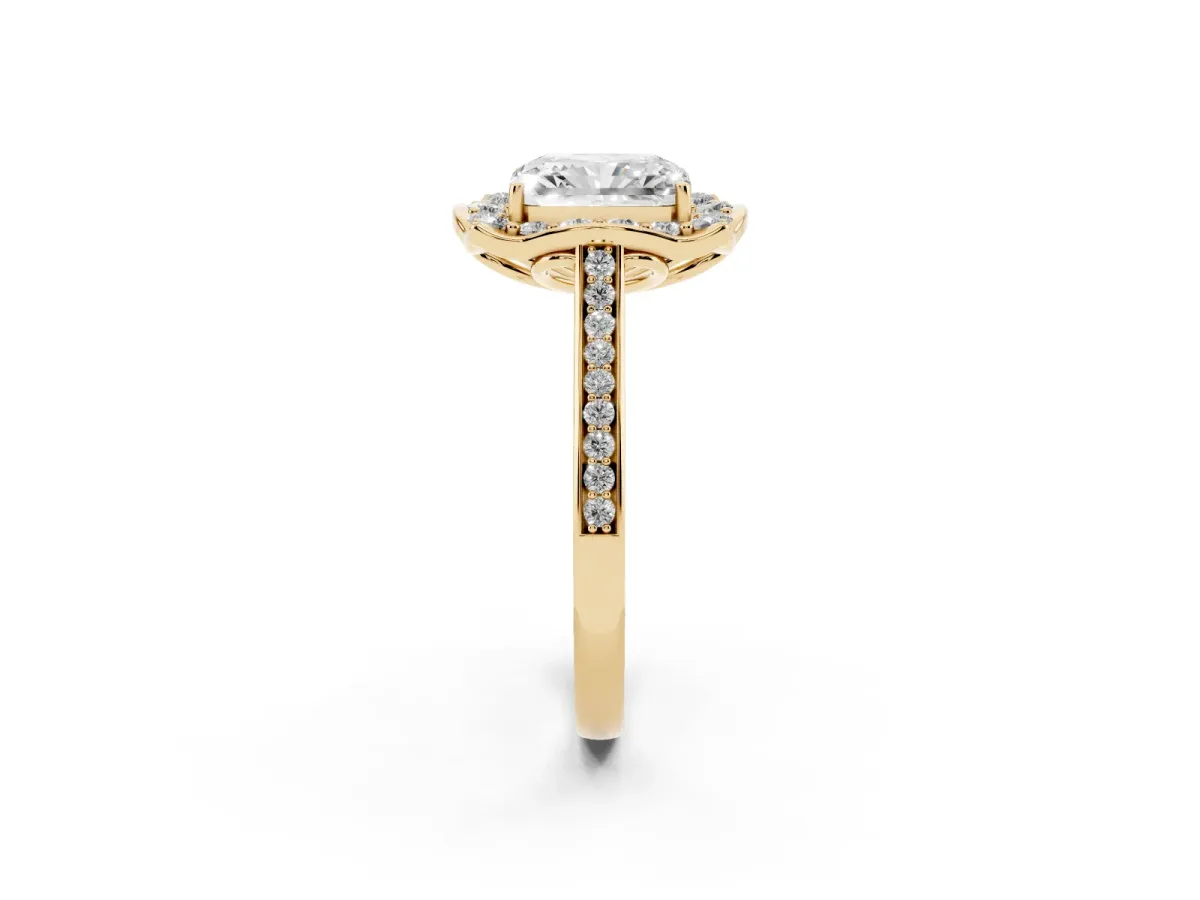 Radiant Cut Halo Round Diamond Pave Band with Four-Prong Setting Yellow gold