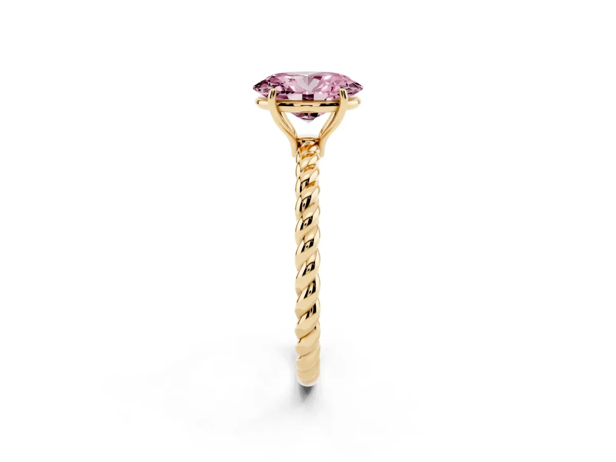 Fancy Pink Oval Cut Solitaire Twist Band Ring with Four-Prong Setting Yellow gold