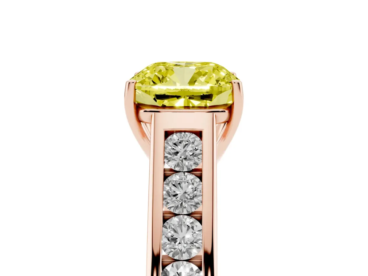 Fancy Yellow Cushion Cut Brilliant Channel-Set Solitaire Ring with Four-Prong Setting Rose gold